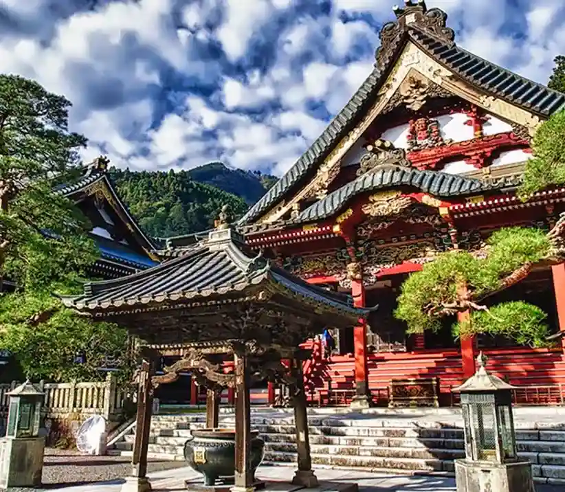 Traditional temple surrounded by forest in Yamanashi Japan